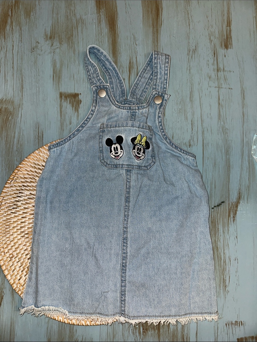 Disney Light Blue Denim Overall Dress with Mickey & Minnie Patch